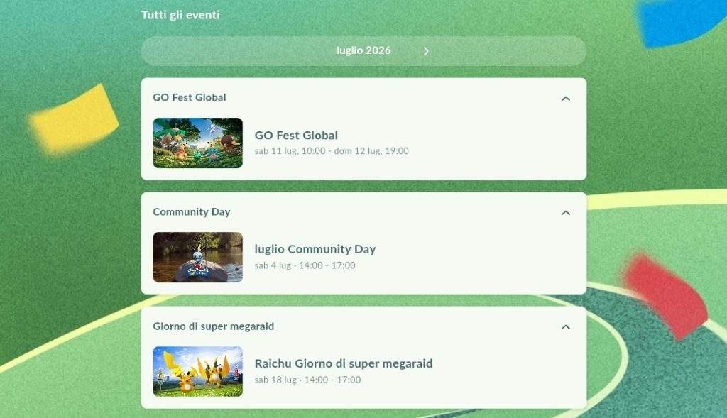 Schermata calendario degli eventi