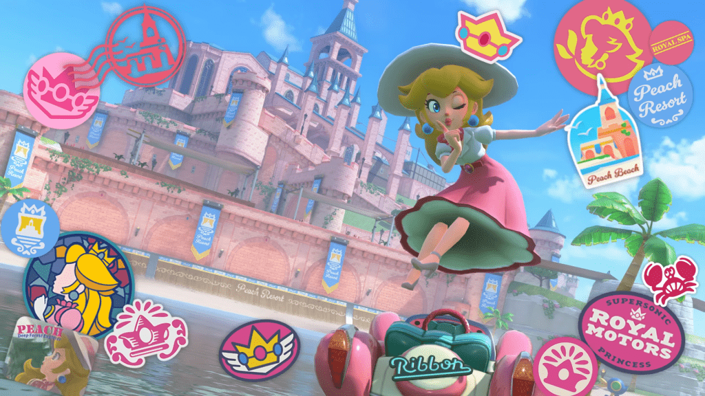 Adesivi di Peach, disponibili nella modalità Foto nel menu di pausa in Mario Kart World