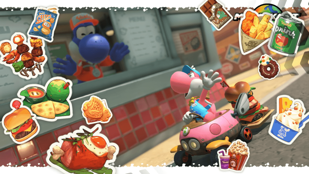 Adesivi di Yoshi, disponibili nella modalità Foto nel menu di pausa di Mario Kart World