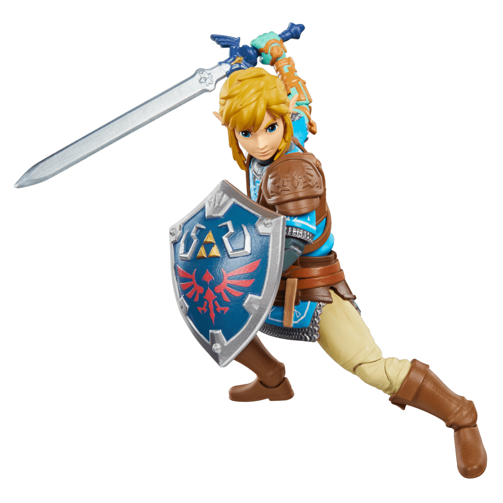Action figure di Link in posa di combattimento con la Spada Suprema e lo Scudo Hylia, collezione Hasbro x Nintendo "Heroes of Hyrule"