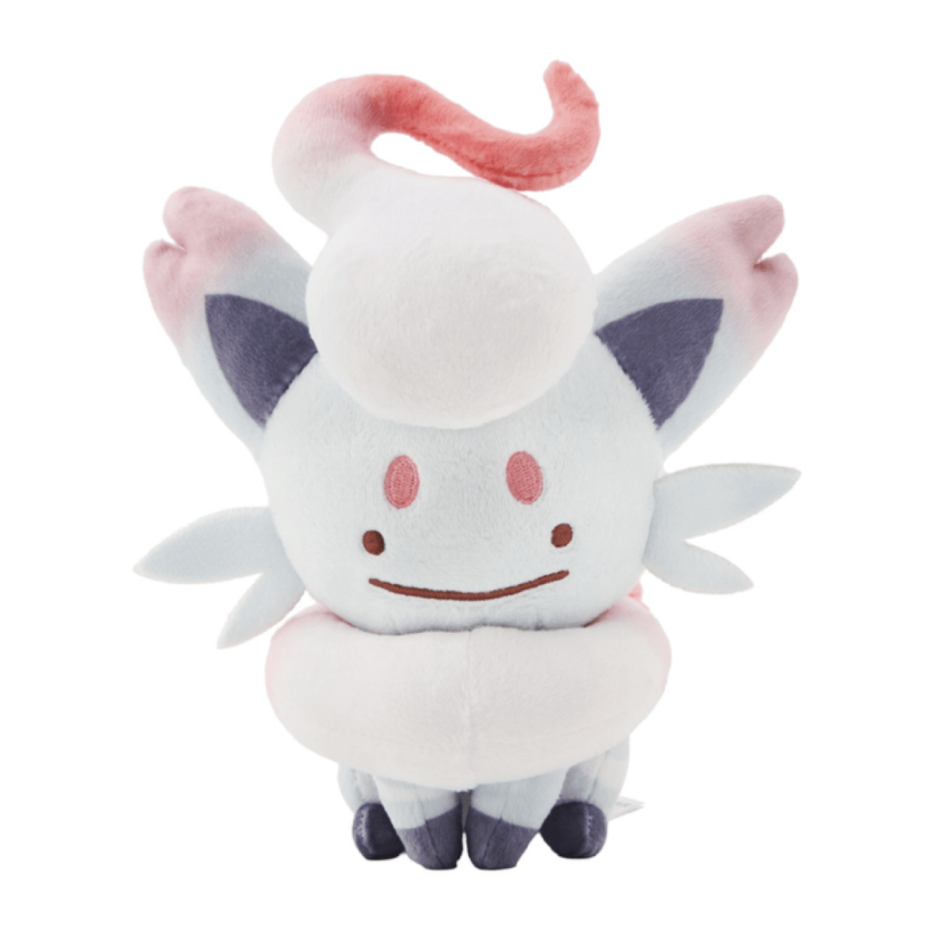Peluche di Ditto che si trasforma in Zorua di Hisui, collezione "Transform! Ditto" del Pokémon Center