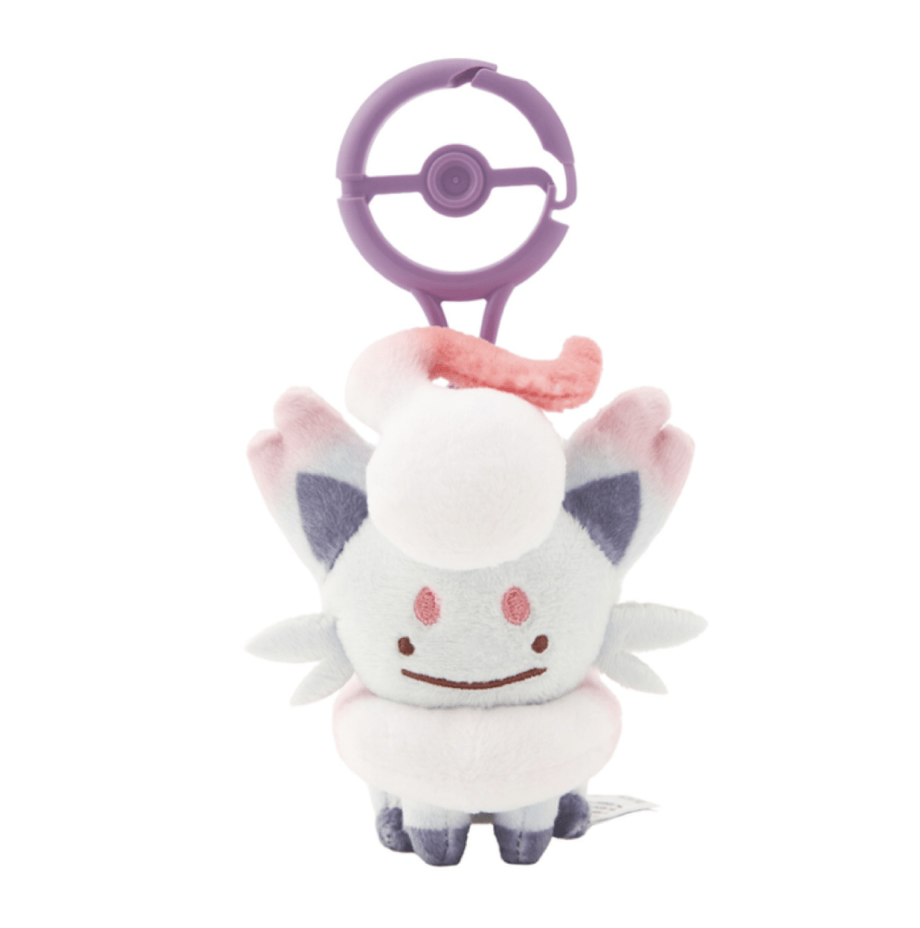 Portachiavi di peluche di Ditto che si trasforma in Zorua di Hisui, collezione "Transform! Ditto" del Pokémon Center