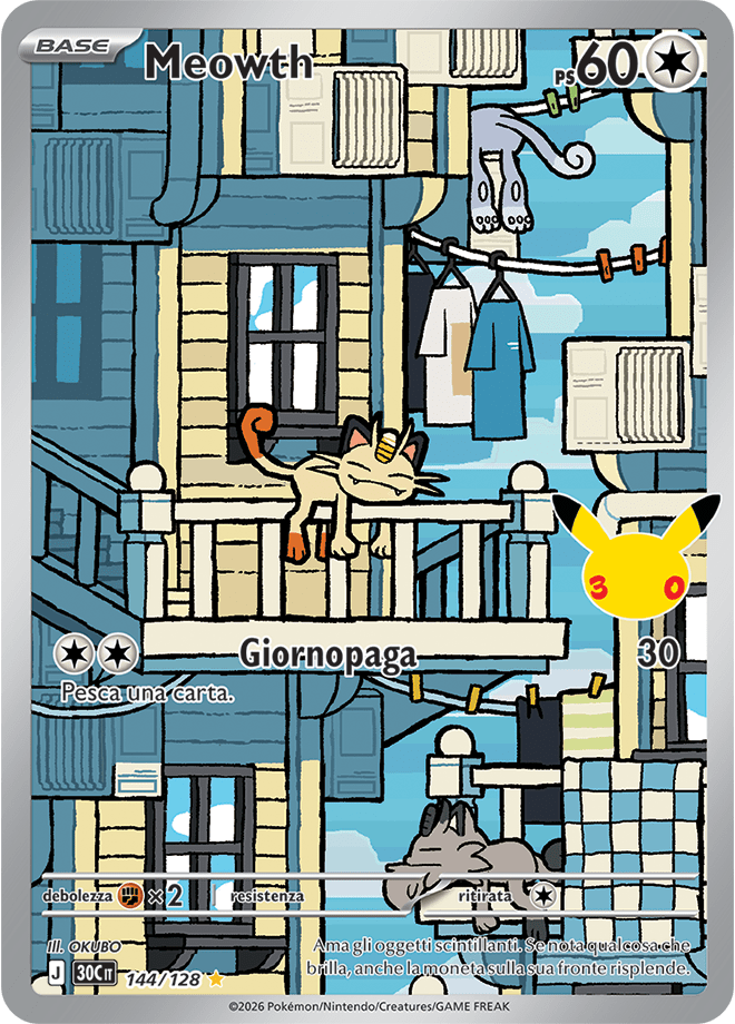Meowth 30° Anniversario rara illustrazione