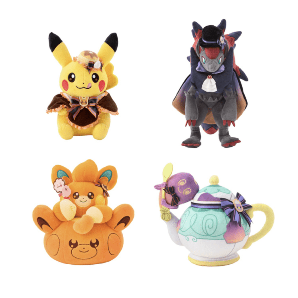 Peluche di Pikachu, Zoroark, Pawmi e Polteageist. Collezione "Pokémon Magic Hour Illusion!" del Pokémon Center