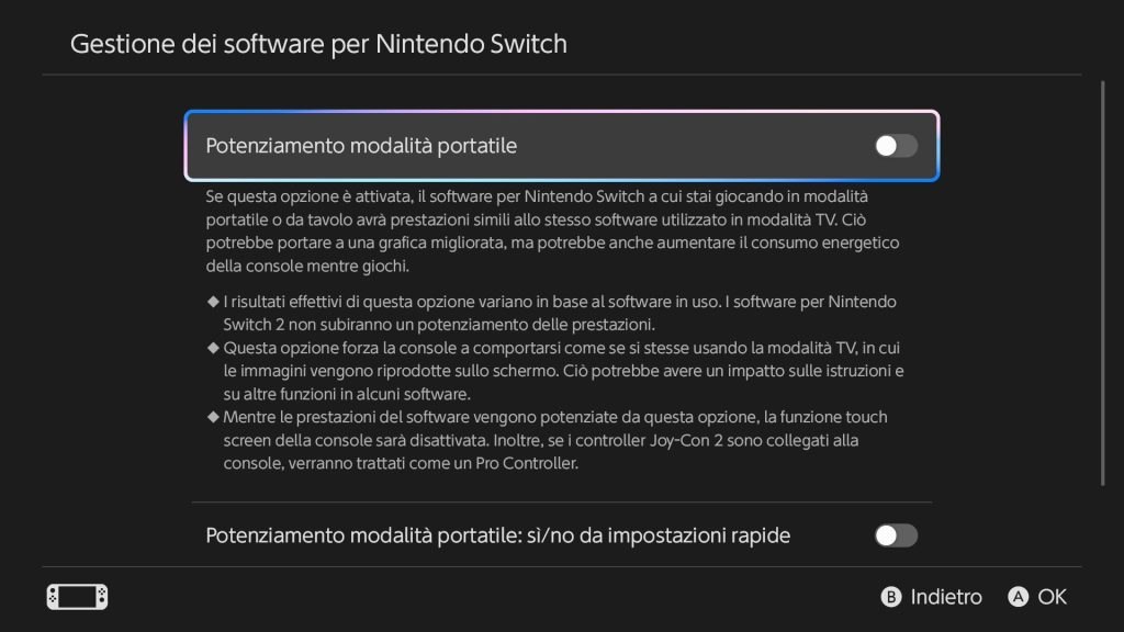 Screenshot della funzione Potenziamento modalità portatile, nella versione 23.0.0 di Nintendo Switch 2