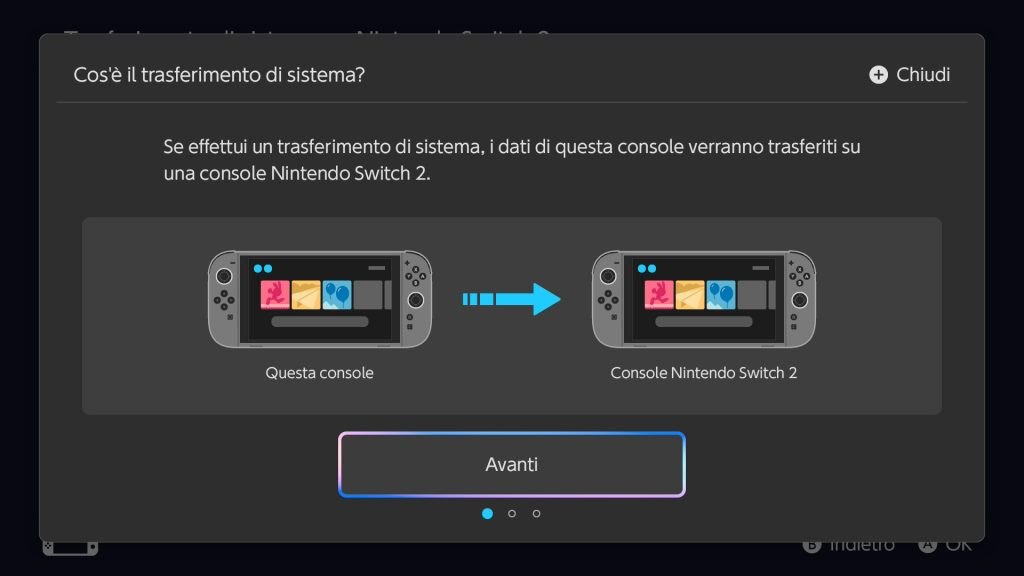 Screenshot delle informazioni sul trasferimento di sistema nella versione 23.0.0 di Nintendo Switch 2