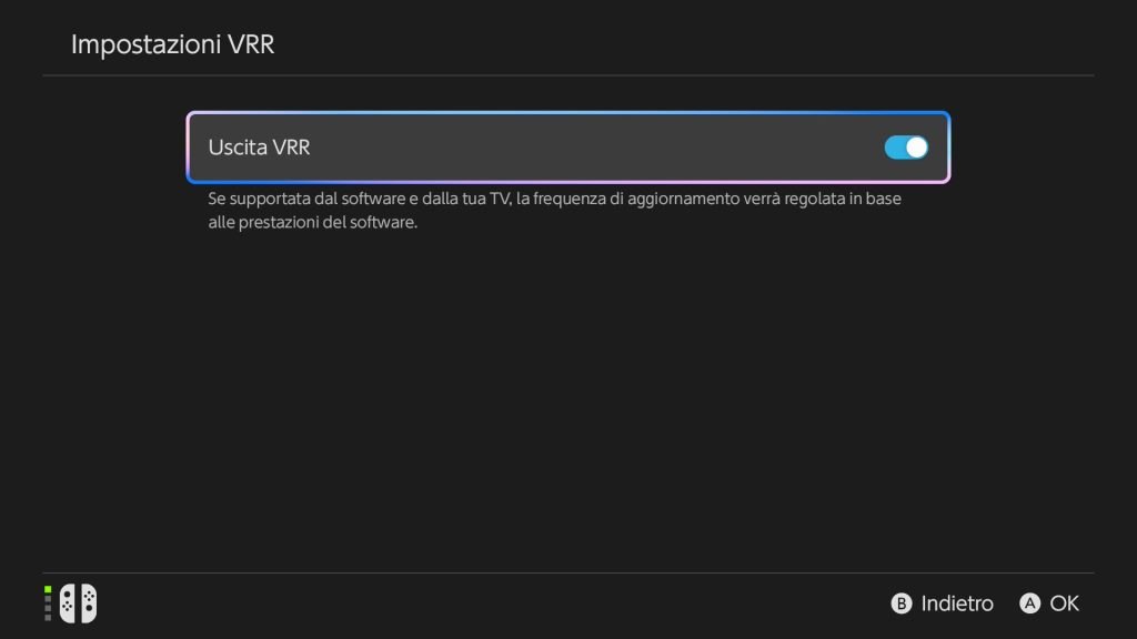Screenshot delle Impostazioni VRR, nella versione 23.0.0 di Nintendo Switch 2