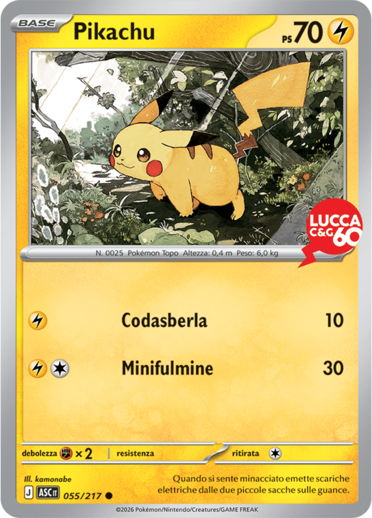 Carta promozionale di Pikachu con il logo del 60° anniversario del Lucca Comics & Games 2026