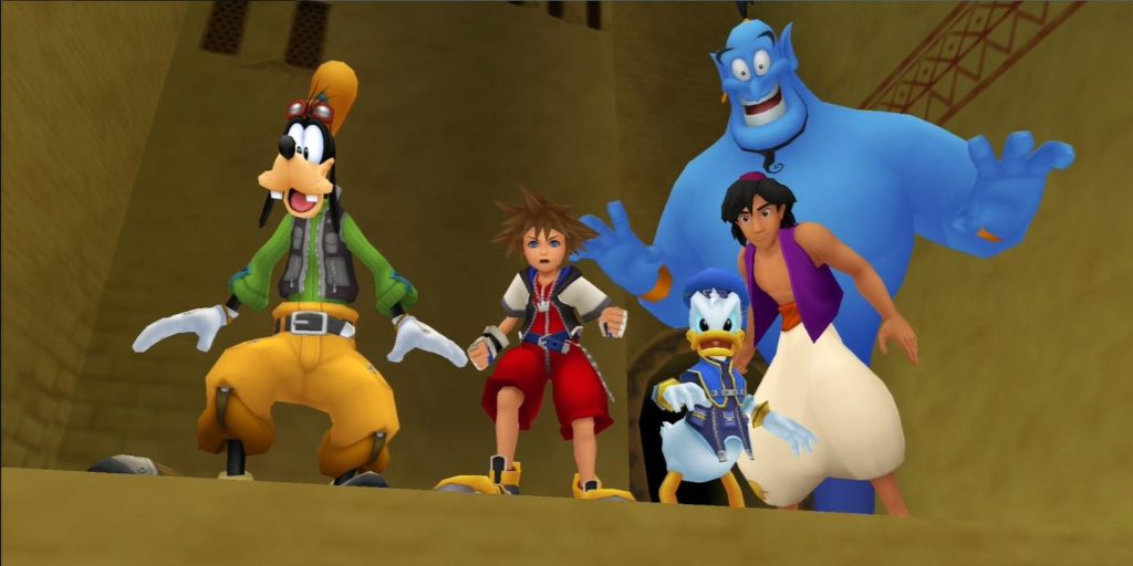 Sora, Pippo, Paperino, Aladin e il Genio ad Agrabah in Kingdom Hearts