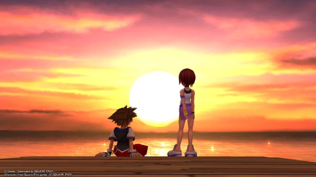 Sora e Kairi che guardano il tramonto in Kingdom Hearts